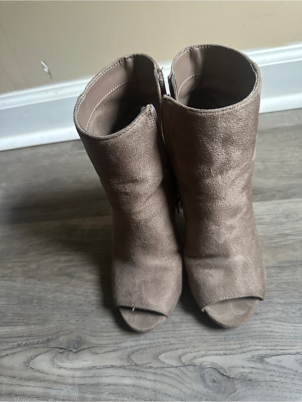 Charlotte Russe Taupe Suede Peep-Toe Ankle Booties